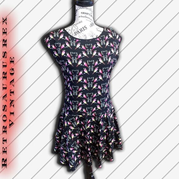 CECE Bitsy Bird Black Drop Waist Mini Dress Cynthia Steffe Size 0 - Picture 4 of 8